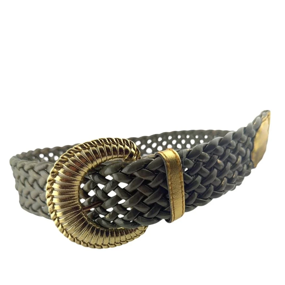 Olive Green Glossy Braided Belt Gold Buckle Wide‎ Stretch Resort Chic Boho 38IN